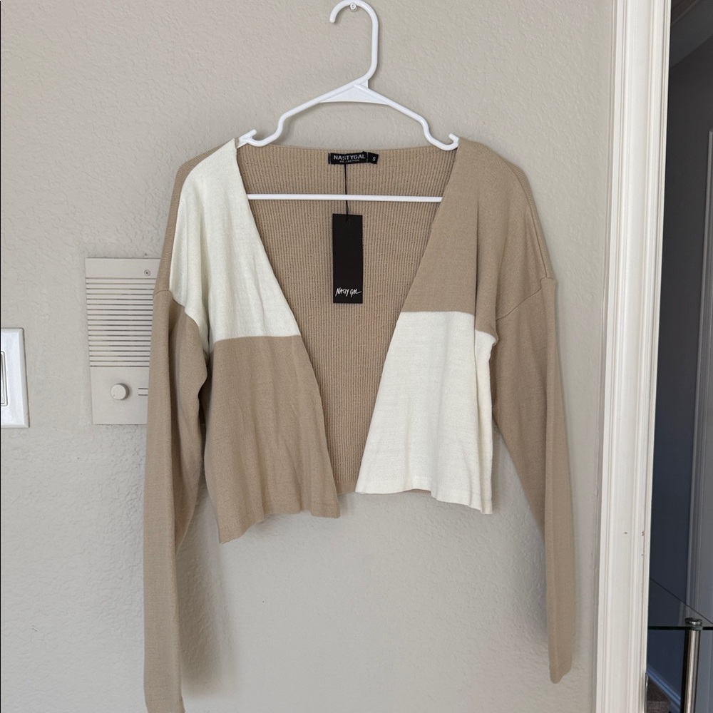 Nasty Gal Tan and White Color Block Cardigan